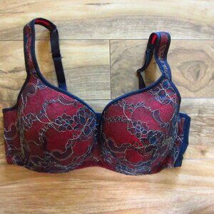 CACIQUE Red/ Black & Gold Lace Balconette Underwire Bra size 40DD